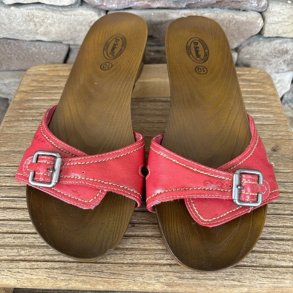 Dr Scholls Advanced Comfort Slide Buckle Sandals Red Soft Faux Wood Shoe Mule 10 - Picture 2 of 12